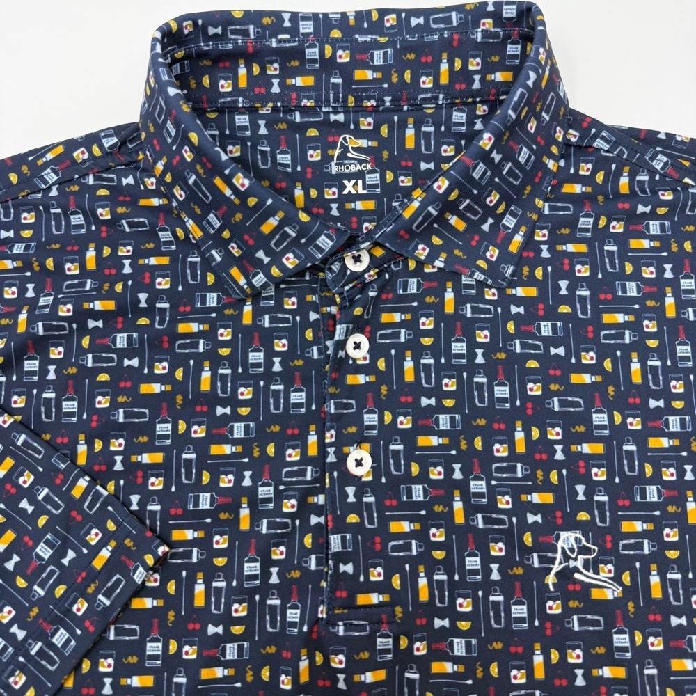 Rhoback Mens XL Performance Polo Shirt Navy Blue Cocktail Barware Print Golf